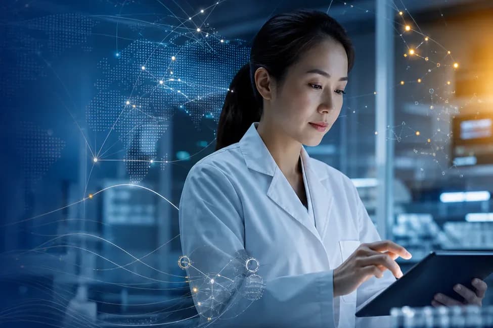 A researcher reviewing connected study data on a tablet