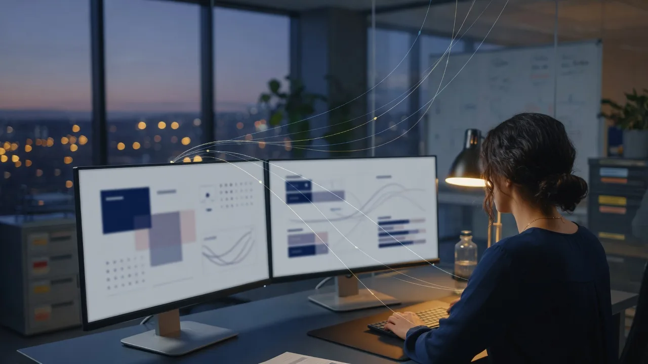A clinical data specialist reviewing study data at a dual-monitor workstation