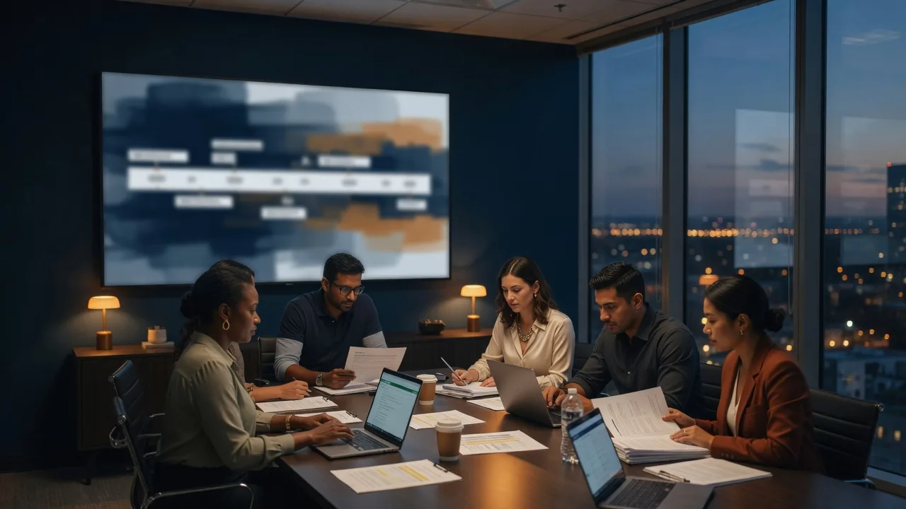 A clinical operations team coordinating a multicenter study in a meeting room